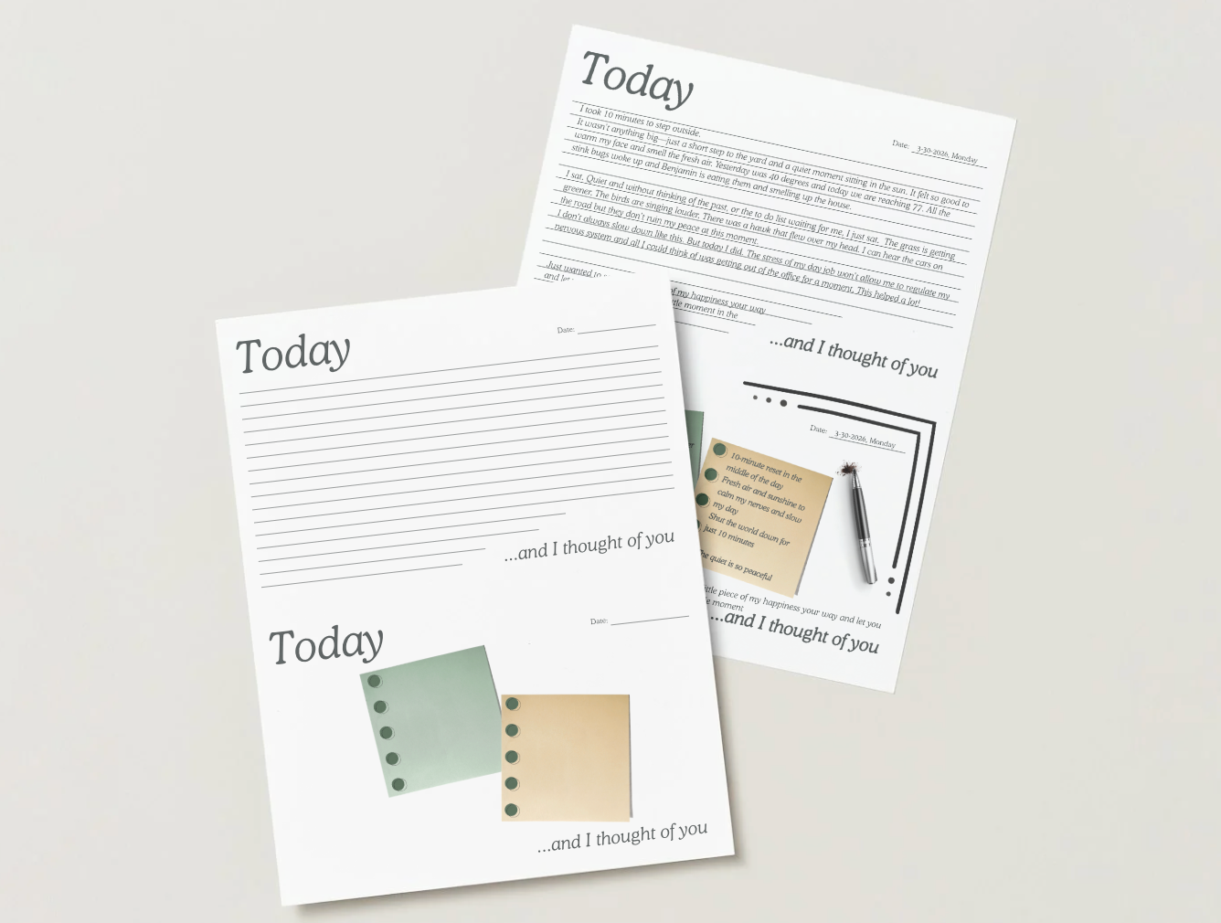 Two sheets of paper with writing prompts on a light gray background