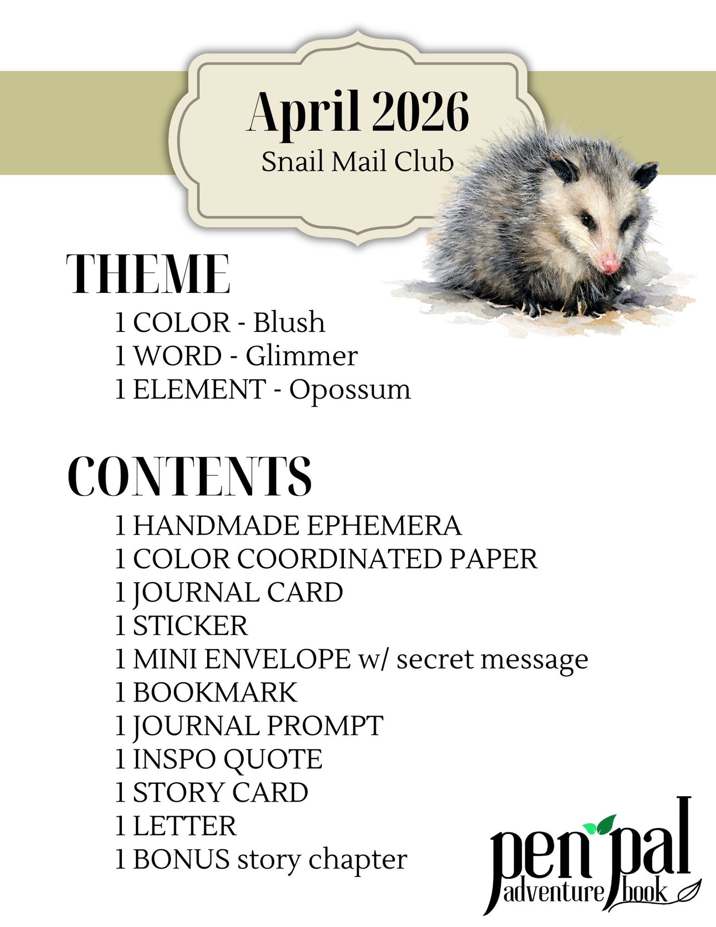 Snail Mail Club promotional flyer for April 2026 with an opossum illustration and product details.