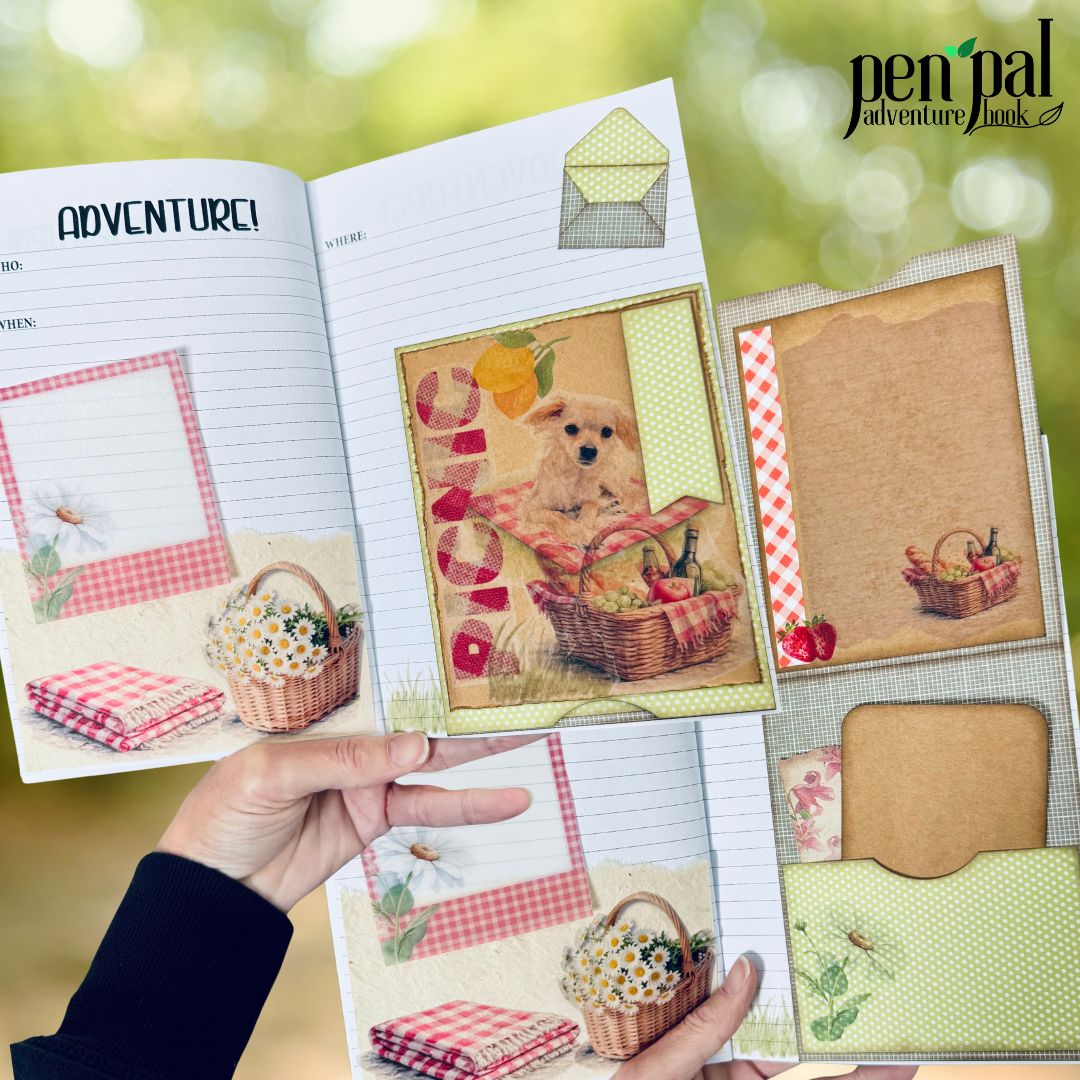Pen Pal Adventure Book with illustrated pages and a hand holding it, on a blurred green background.