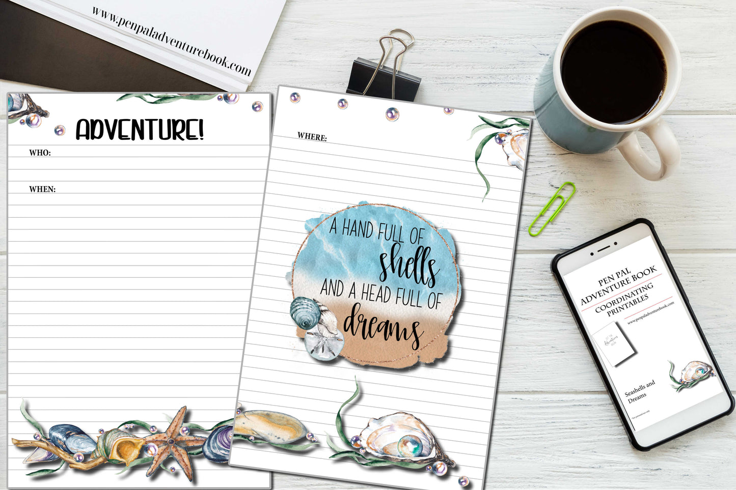 Digital Download-Seashells and Dreams-Pen Pal Adventure Book Coordinating Printables