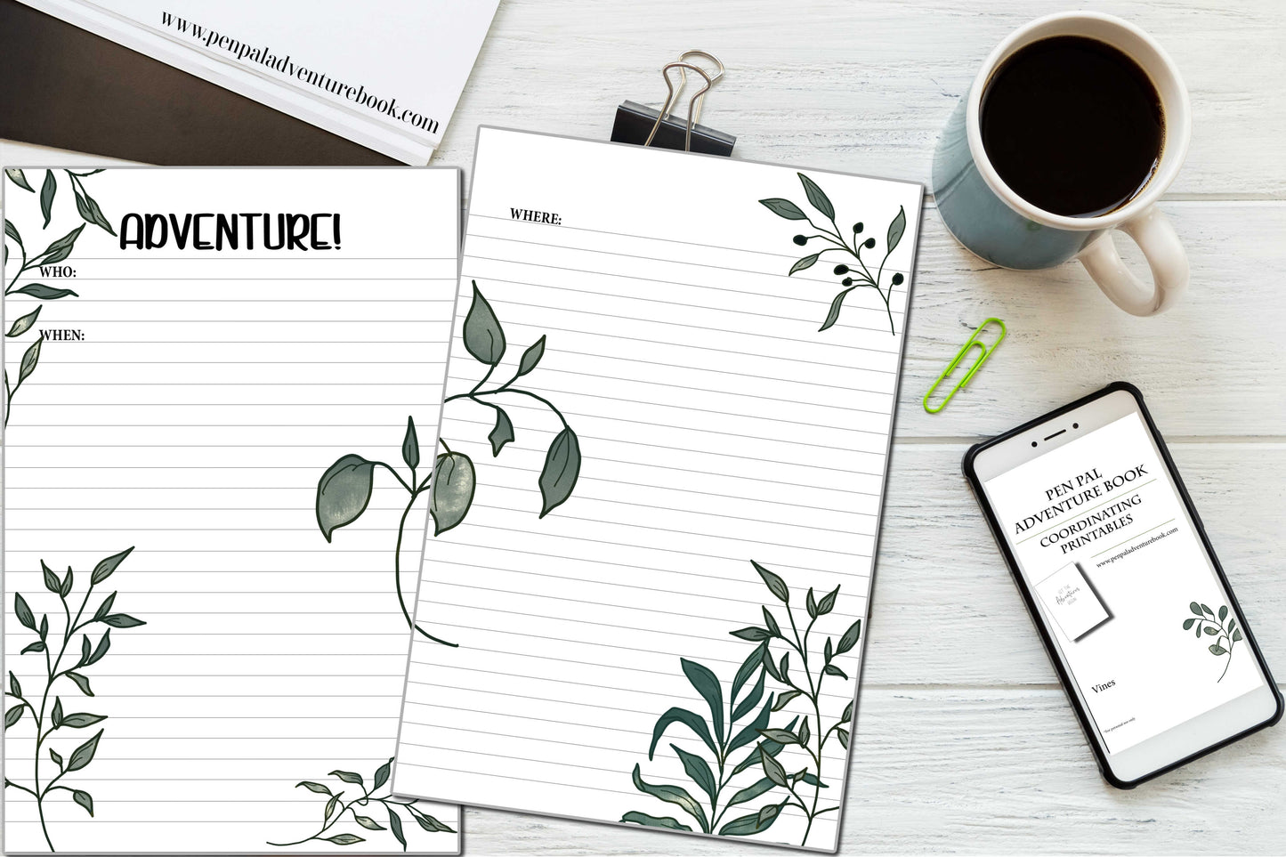 Digital Download-Vines in Olive Green-Pen Pal Adventure Book Coordinating Printables