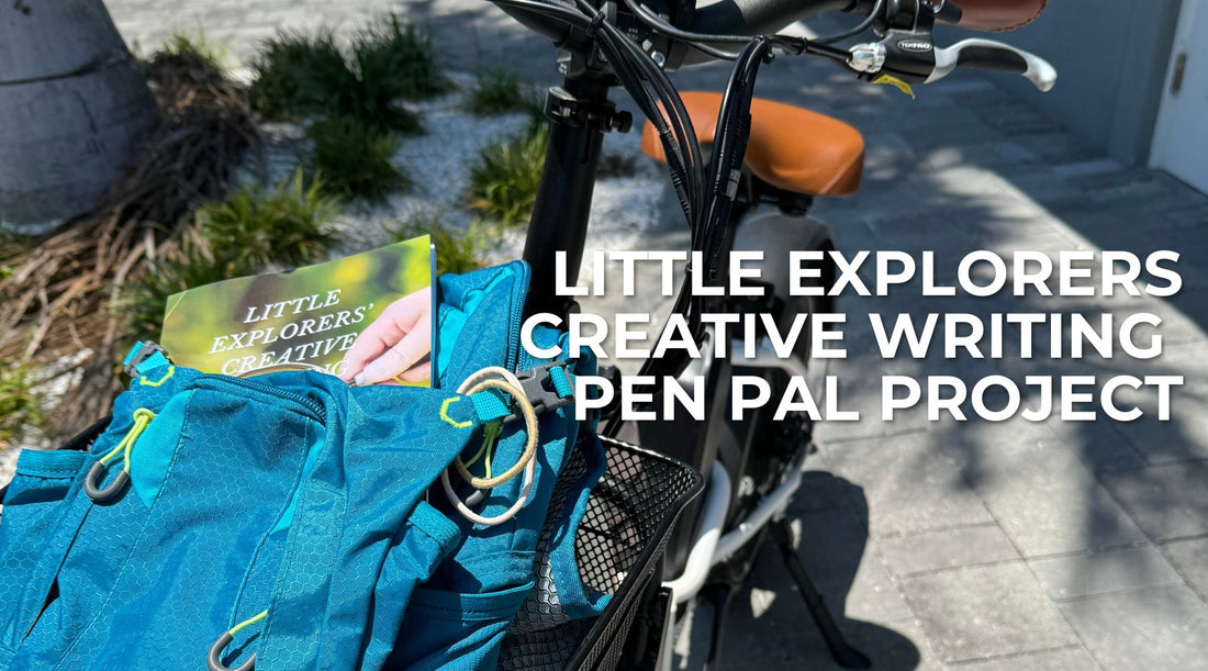 Bike with a Pen Pal book for kids in backpack