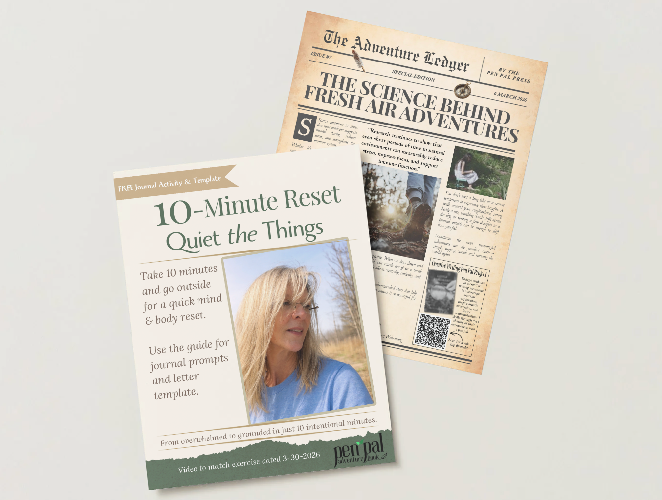 Two newspapers on a white background, one titled '10-Minute Reset Quiet the Things' and the other titled 'The Science Behind Fresh Air Adventures'.