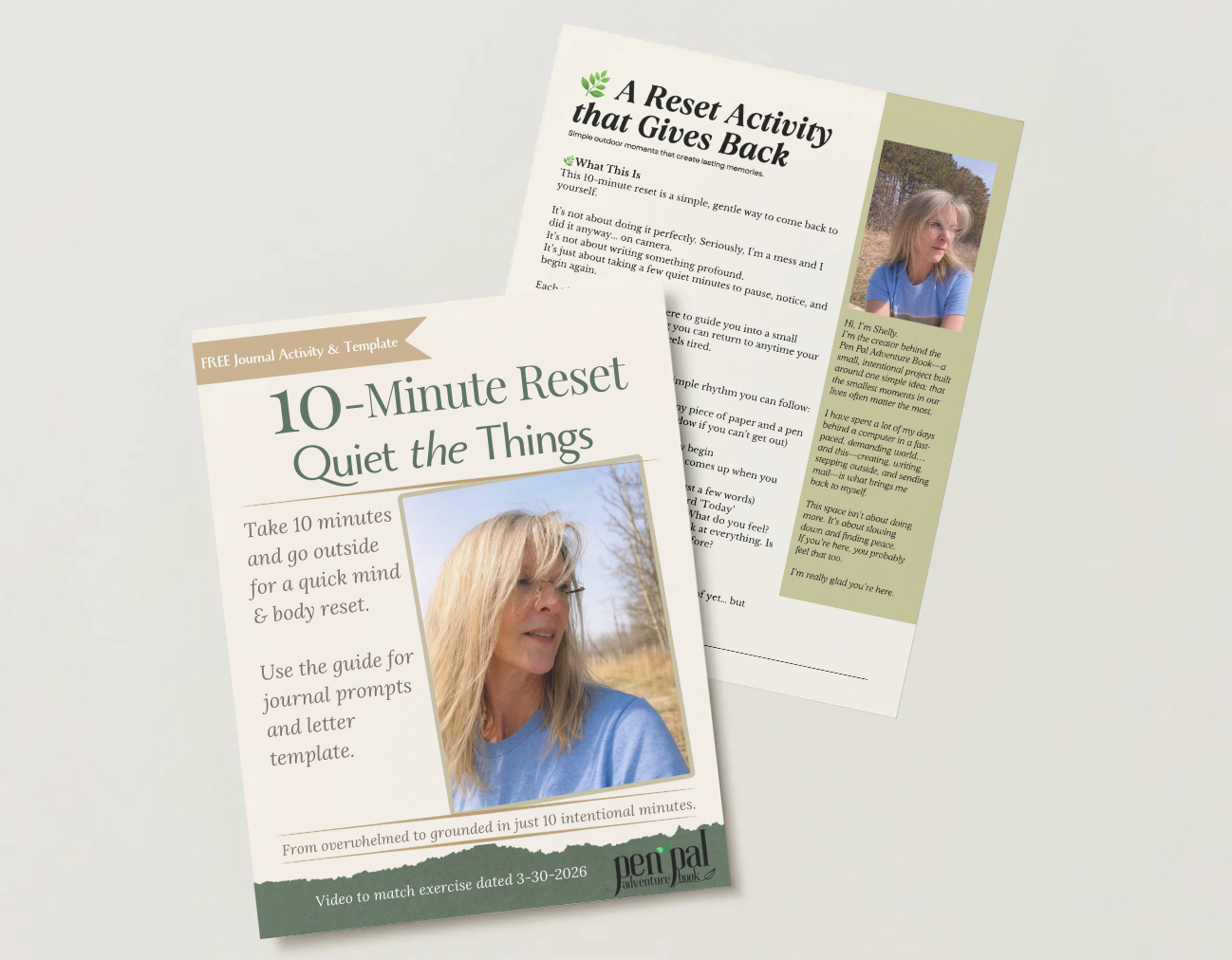 Brochure with a woman's face on the cover titled '10-Minute Reset Quiet the Things' on a white background.