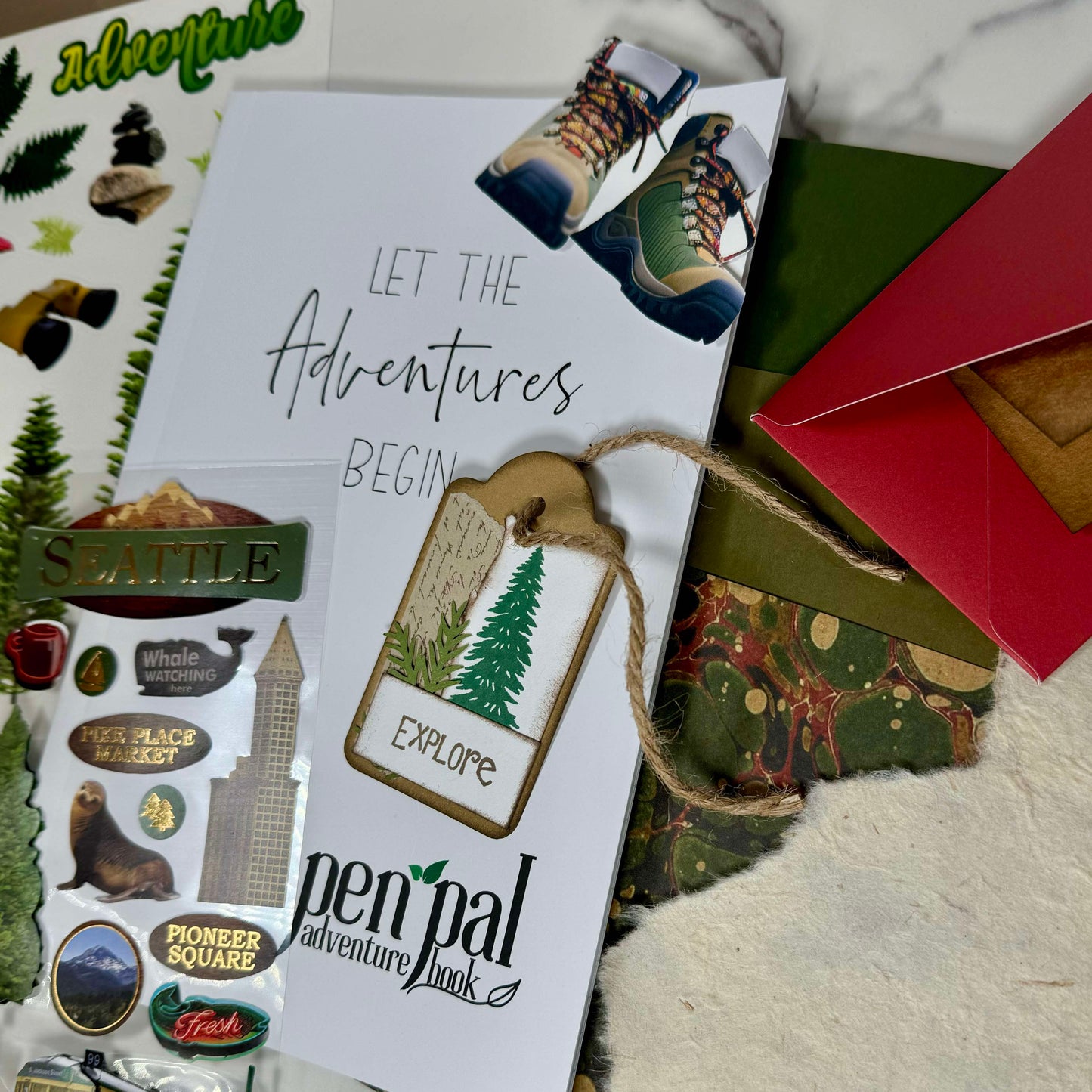 Pen Pal Adventure Book with Ephemera Set - Seattle Washington Themed Travel Journal Gift Set