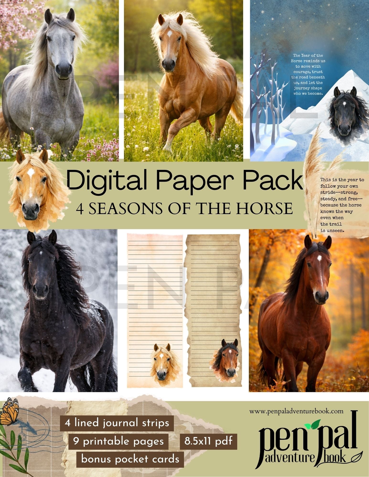 Digital paper pack featuring images of horses in different seasons with text about the product.