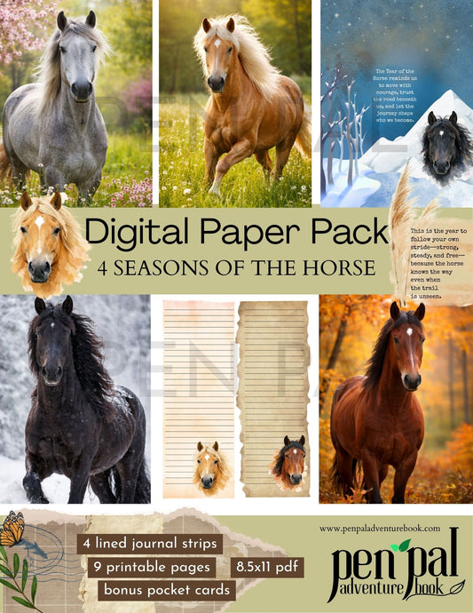 Digital paper pack featuring images of horses in different seasons with text about the product.