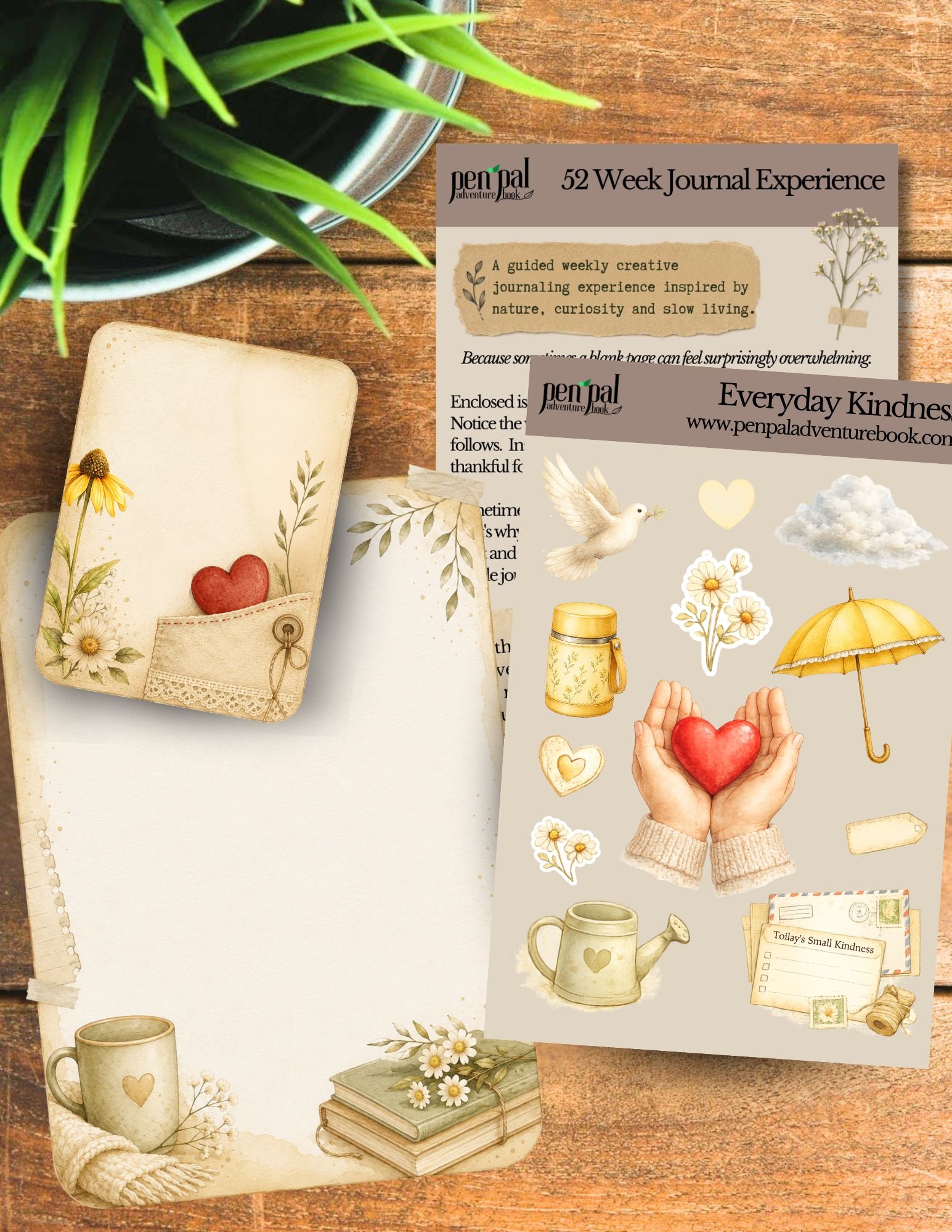A styled flat-lay of a journaling kit or scrapbook paper set on a wooden surface, featuring cream-colored sheets with vintage illustrations of hands holding a red heart, a yellow umbrella, flowers, a teapot, books, and a mug. A green plant in a pot is visible in the top left corner.
