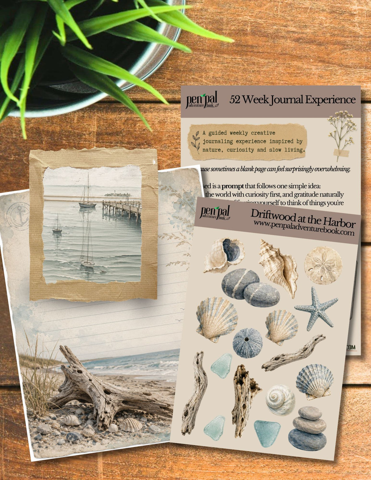 Nature-Inspired Weekly Journal Kit – Driftwood at the Harbor Sticker Set | Week 1
