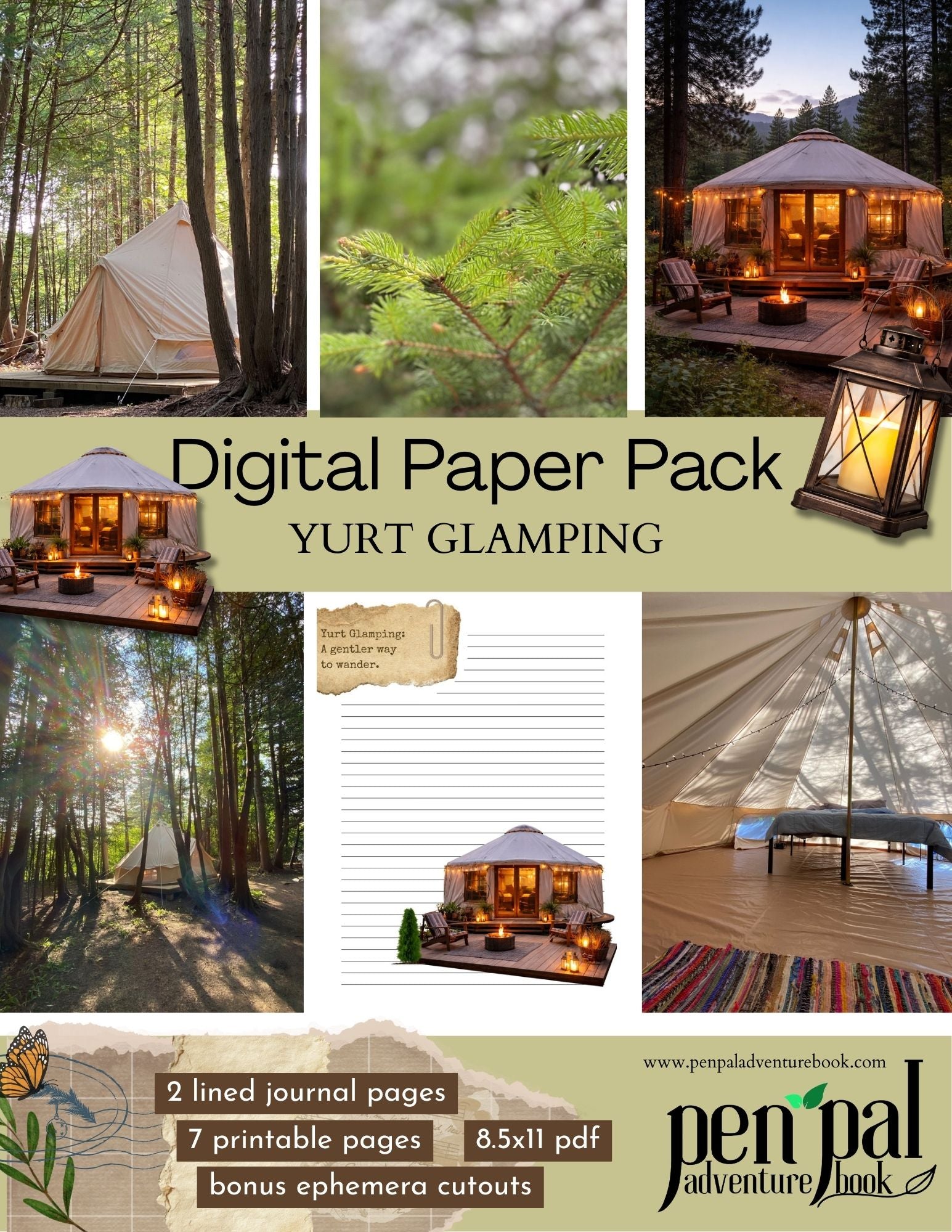 Digital paper pack for yurt glamping with images of yurts and glamping setup.