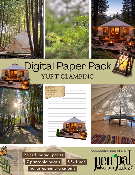 Digital paper pack for yurt glamping with images of yurts and glamping setup.