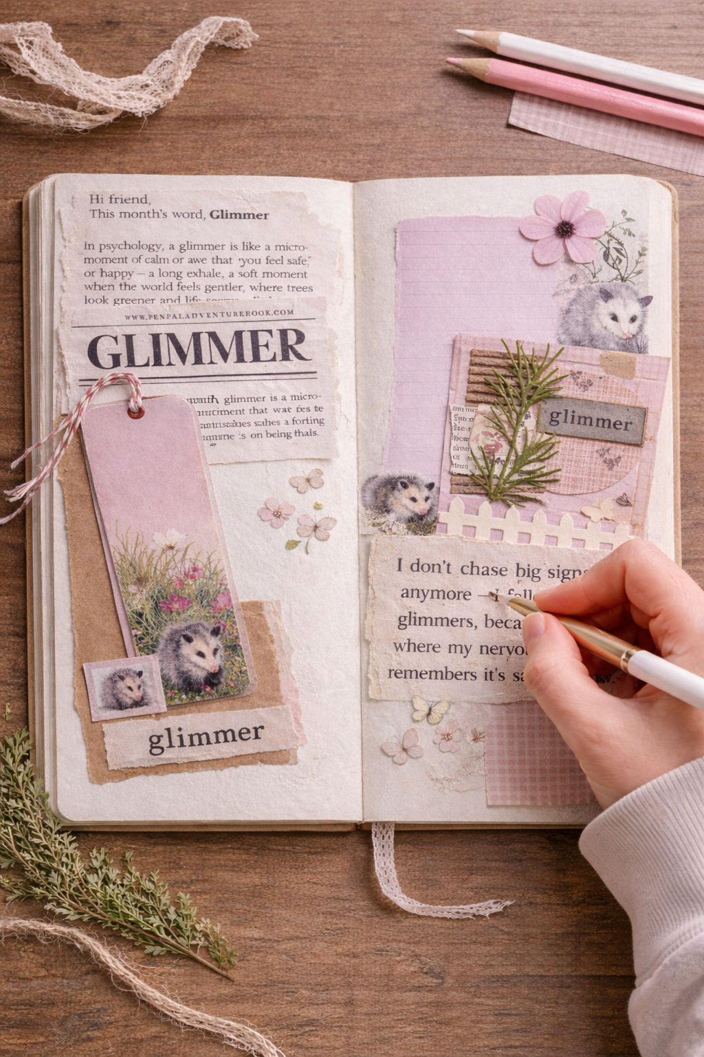 Open book with decorative pages and a hand holding a pen on a wooden surface.
