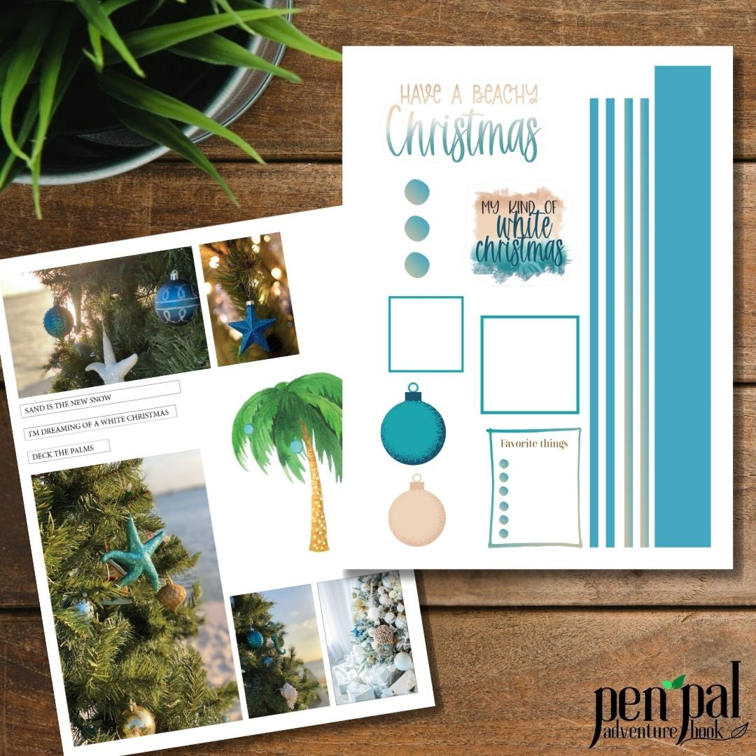 Holiday-themed planner stickers with Christmas decorations and palm tree on a wooden surface.