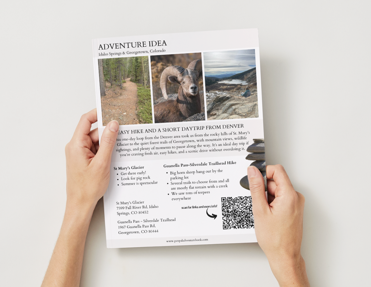 Person holding a printed flyer with outdoor adventure ideas on a white surface