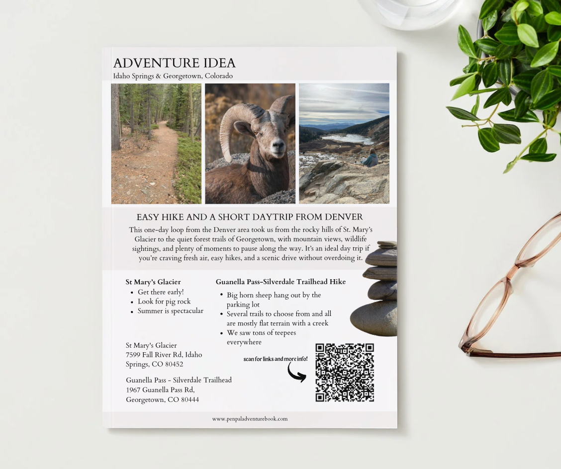 Flyer for an adventure idea with nature-themed images on a white surface with glasses and plant.