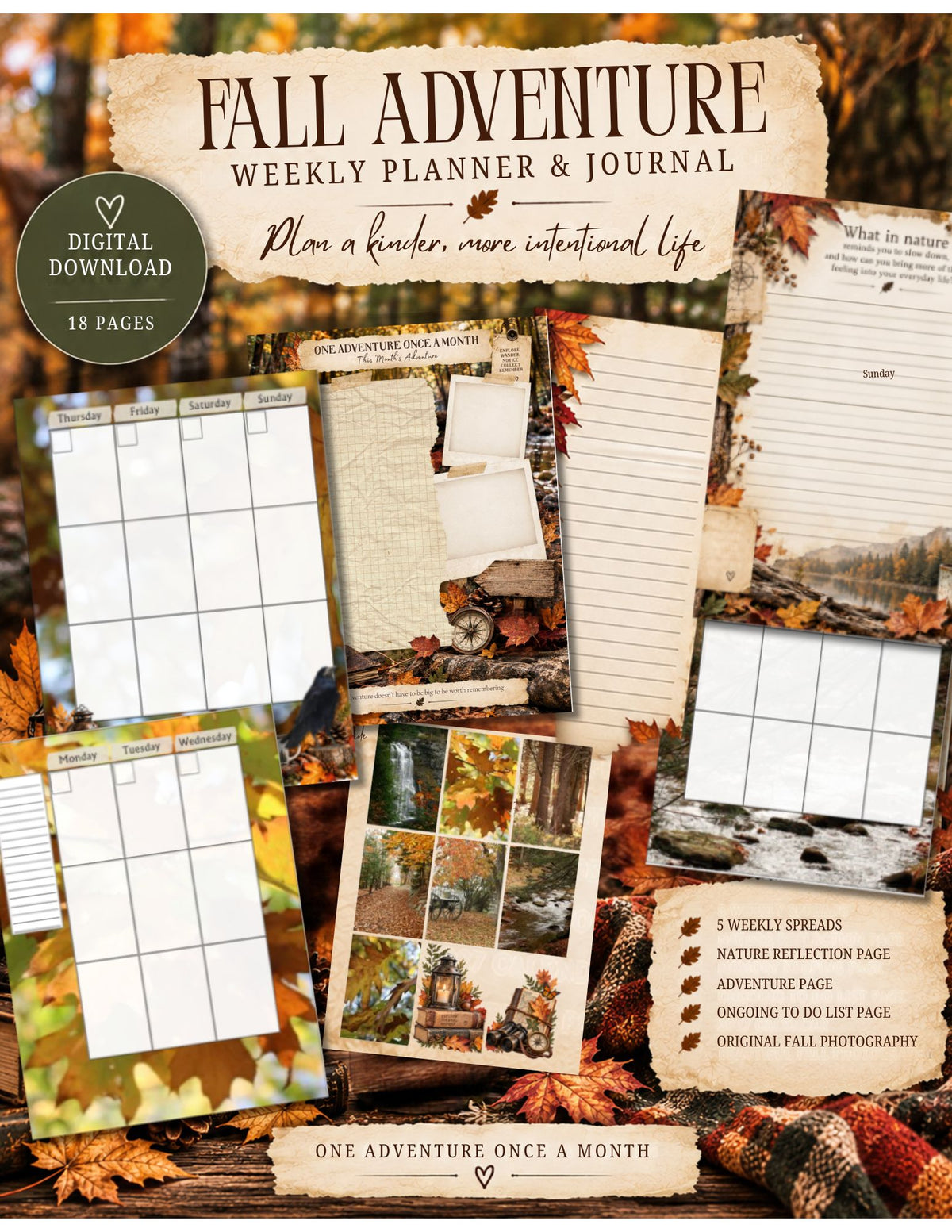 Fall Adventure Weekly Planner Printable | Weekly Planner + Journal Prompt & Memory Keeping Pages