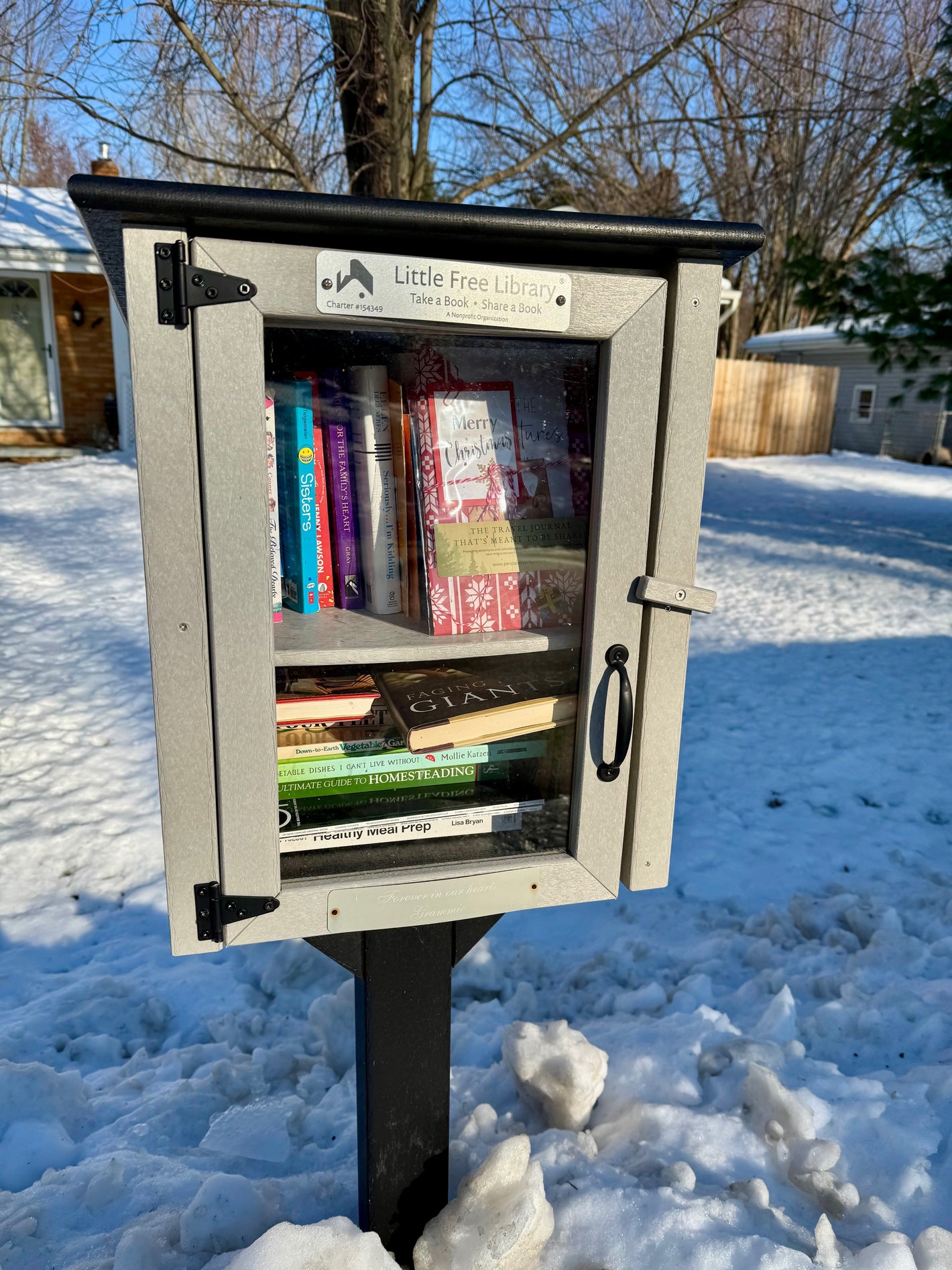 Little Free Library filled with books in a snowy outdoor setting