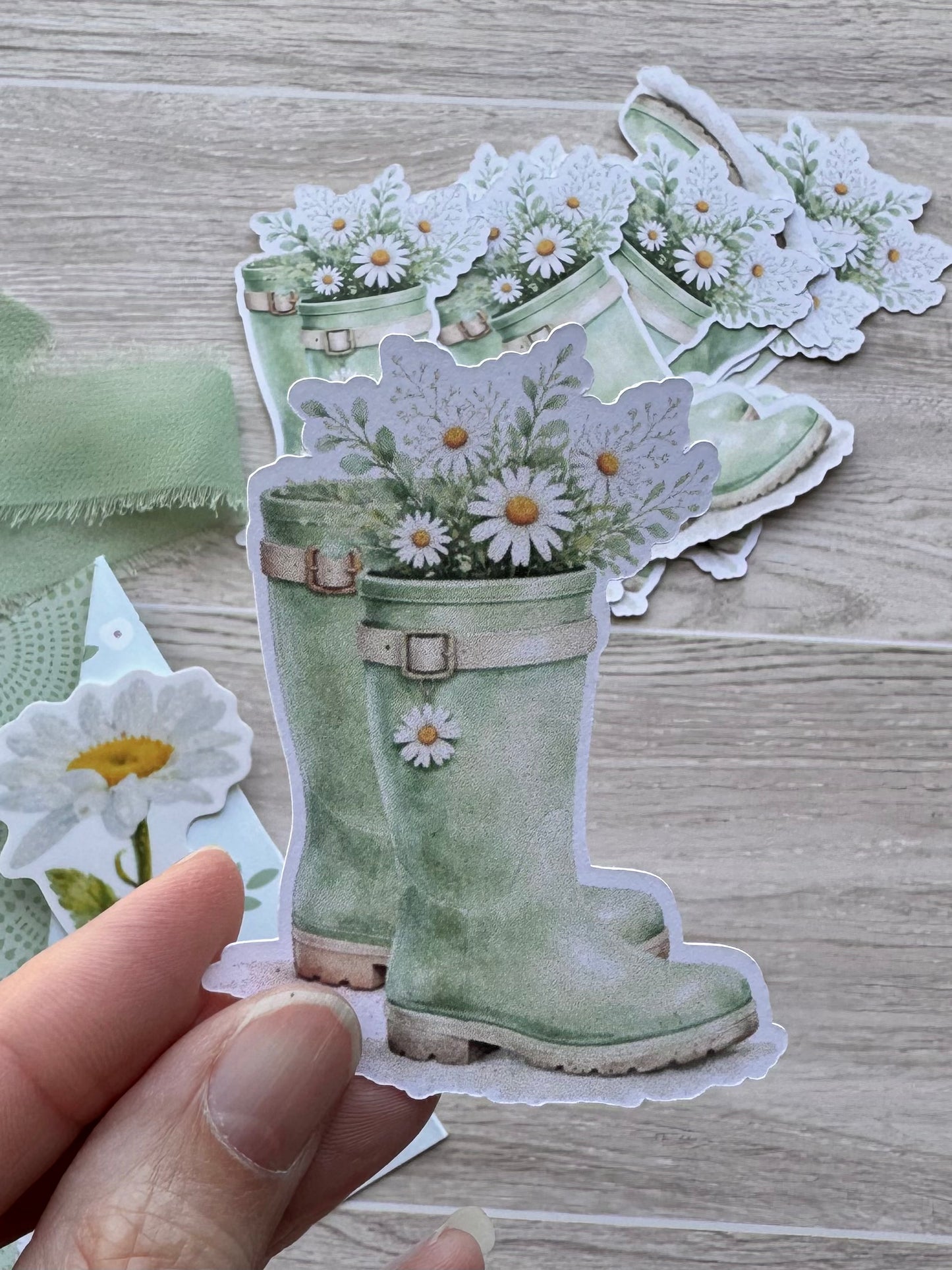 Mini Handmade Folio Sticker Embellishment Set | Daisy | Sage Green | Paper Journal Supplies | P30