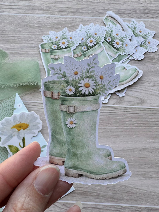 Mini Handmade Folio Sticker Embellishment Set | Daisy | Sage Green | Paper Journal Supplies | P30