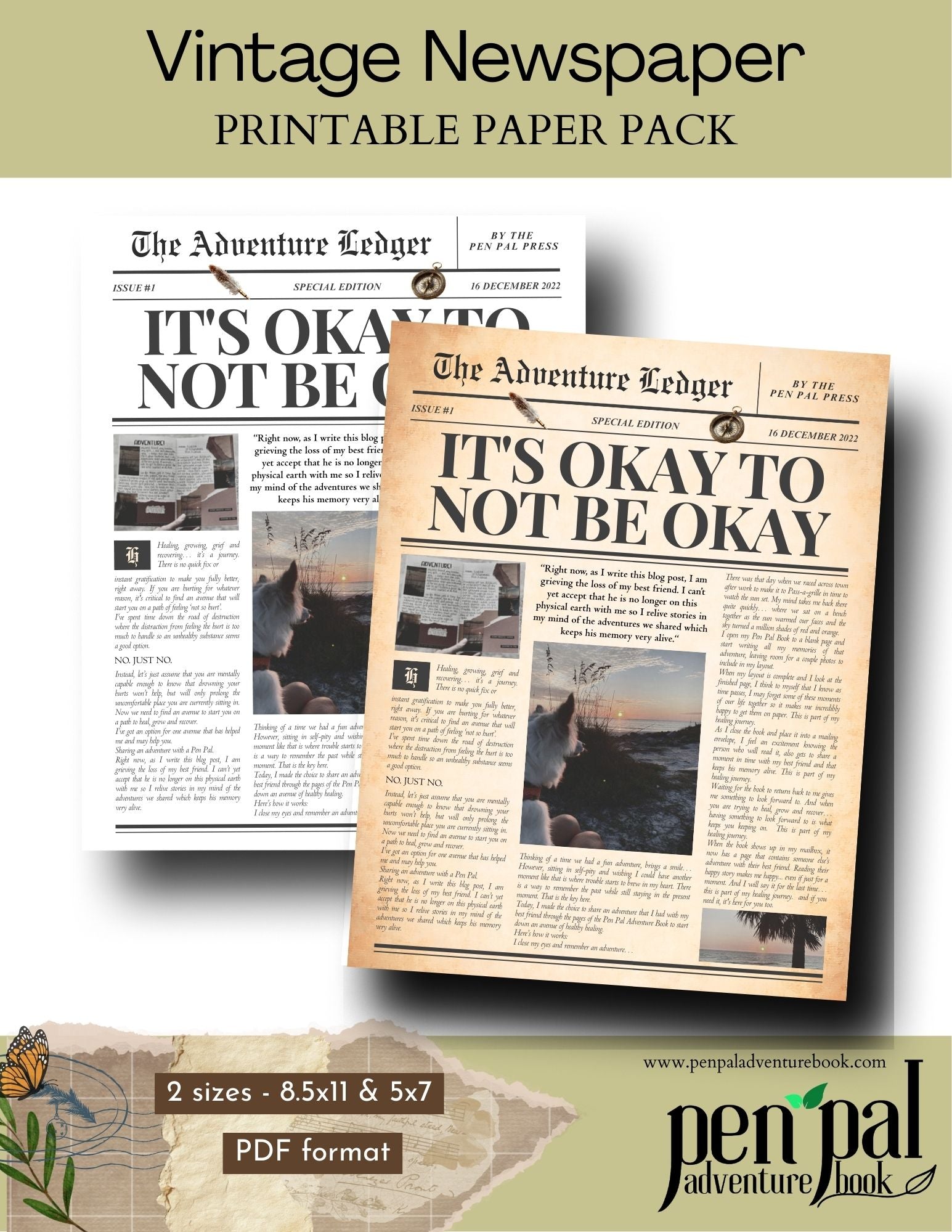 Vintage newspaper design with 'It's Okay to Not Be Okay' text, suitable for a printable paper pack.