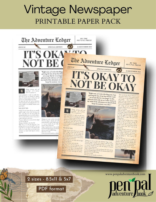 Vintage newspaper design with 'It's Okay to Not Be Okay' text, suitable for a printable paper pack.