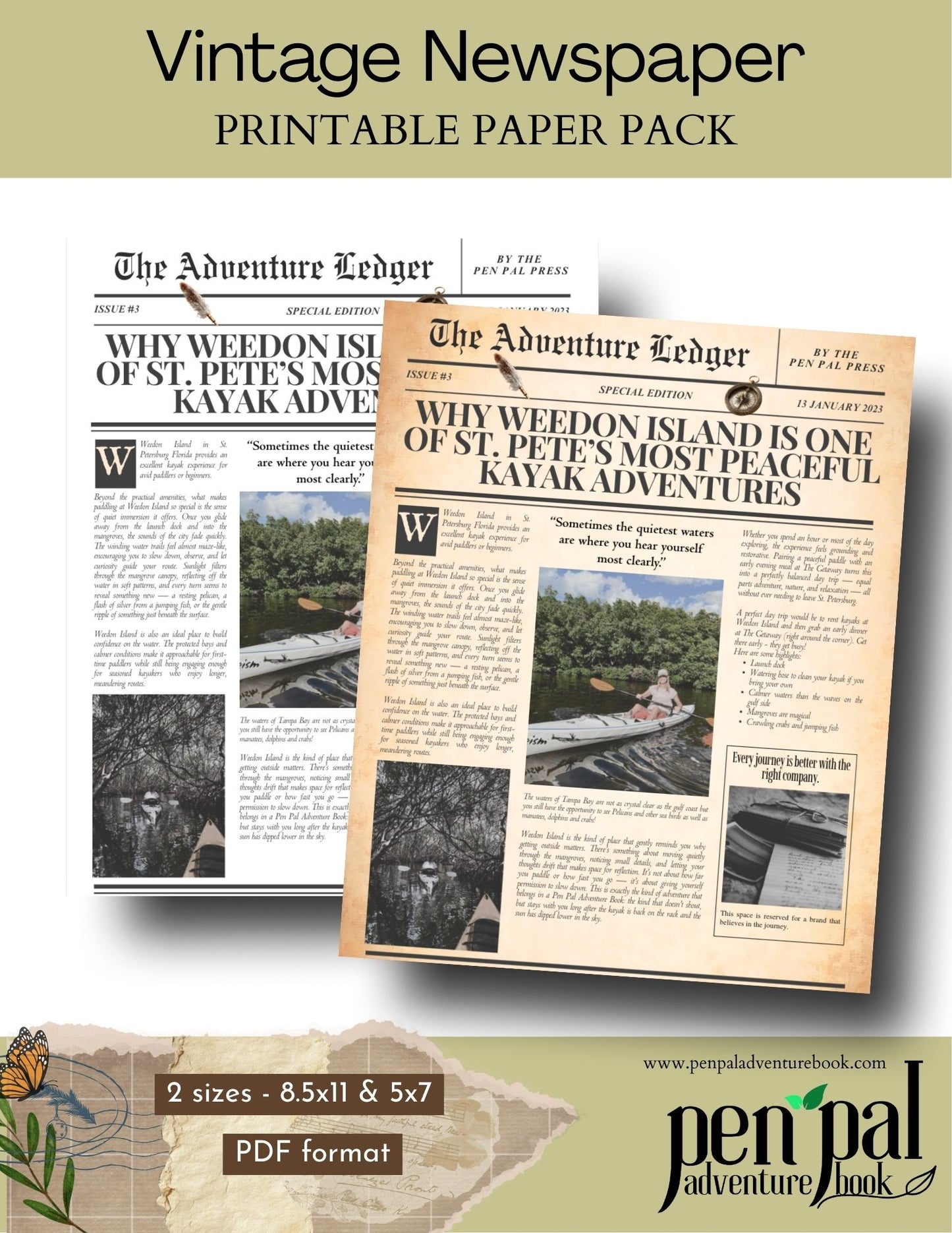 Vintage newspaper design with 'The Adventure Ledger' title, featuring text and images on a beige background.