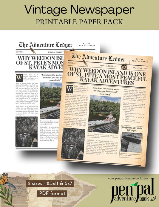 Vintage newspaper design with 'The Adventure Ledger' title, featuring text and images on a beige background.