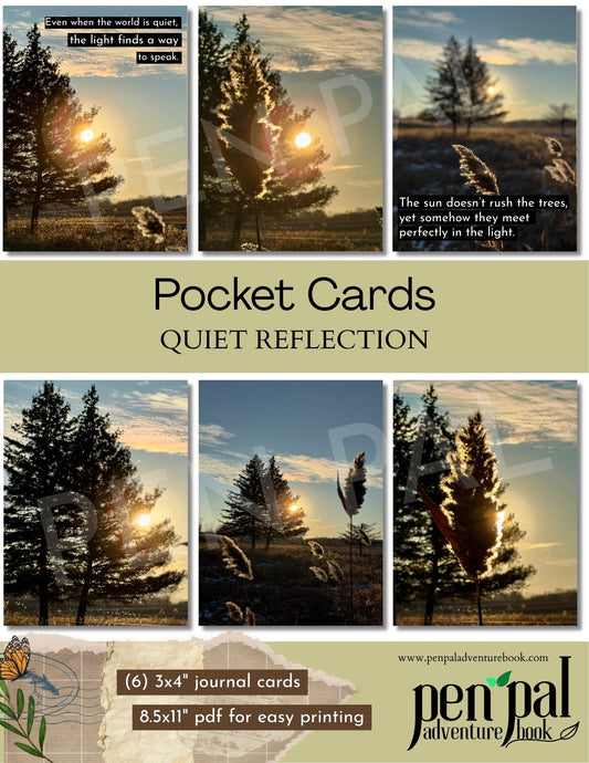 Collage of nature scenes with trees and sunset, featuring 'Pocket Cards Quiet Reflection' by Pen Pal Adventure Book.