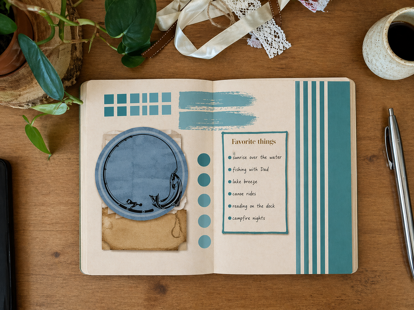Open notebook on a wooden surface with decorative elements and a pen.