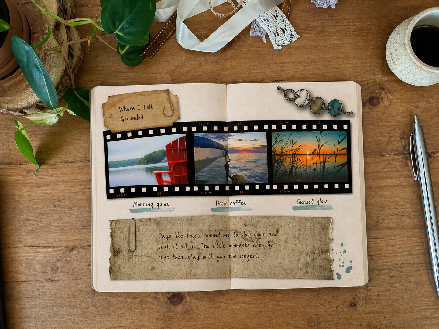 Open journal on a wooden surface with scenic photos and text