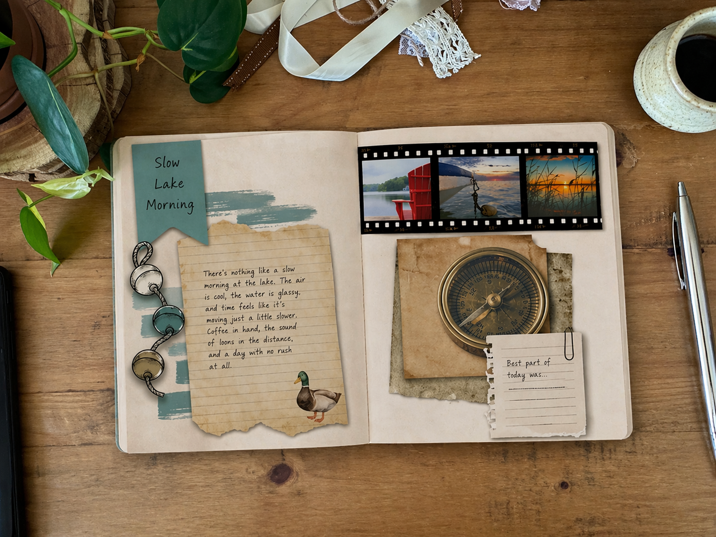 Open scrapbook with scenic photos and text on a wooden surface
