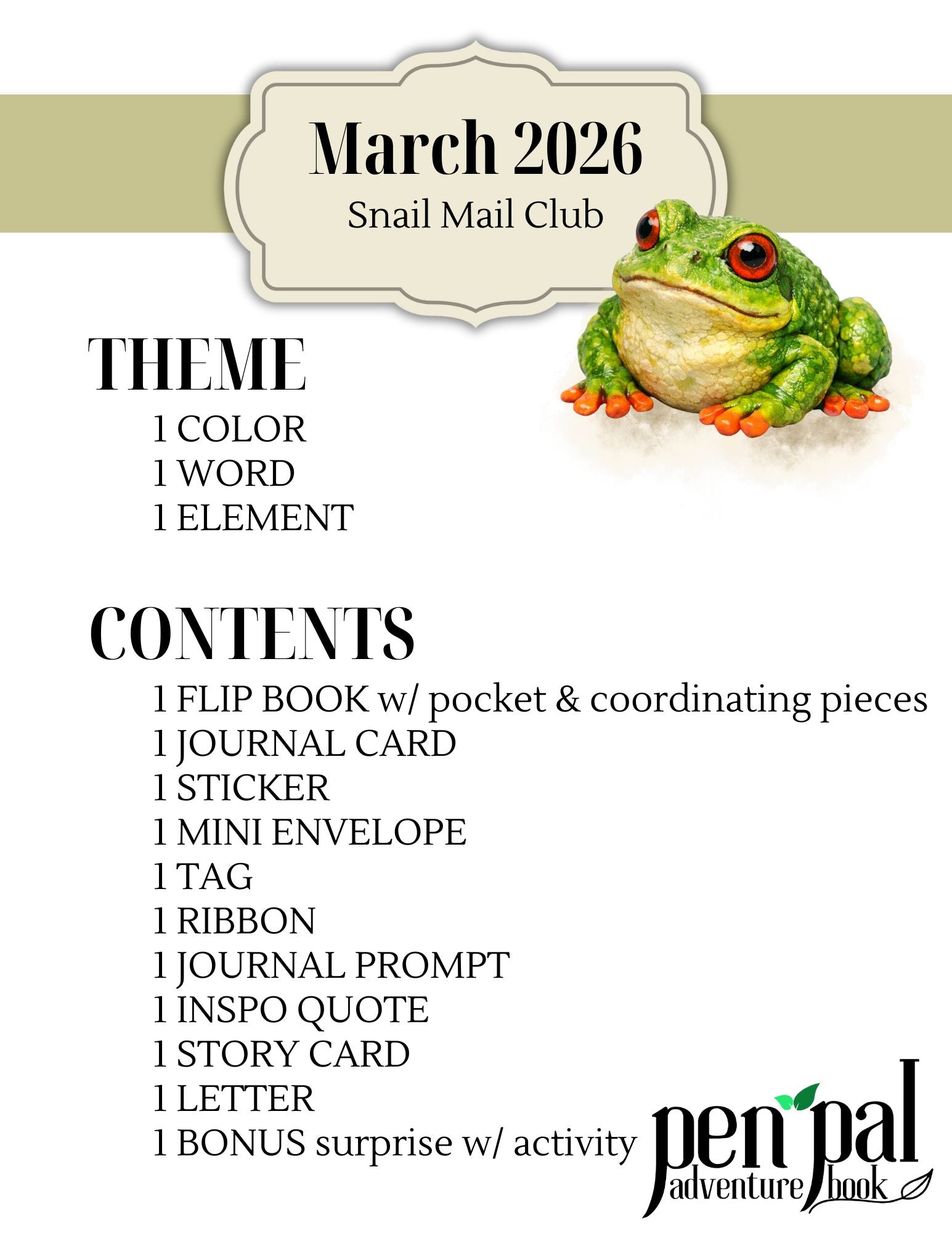 Snail Mail Club flyer for March 2026 with a frog illustration and list of contents.