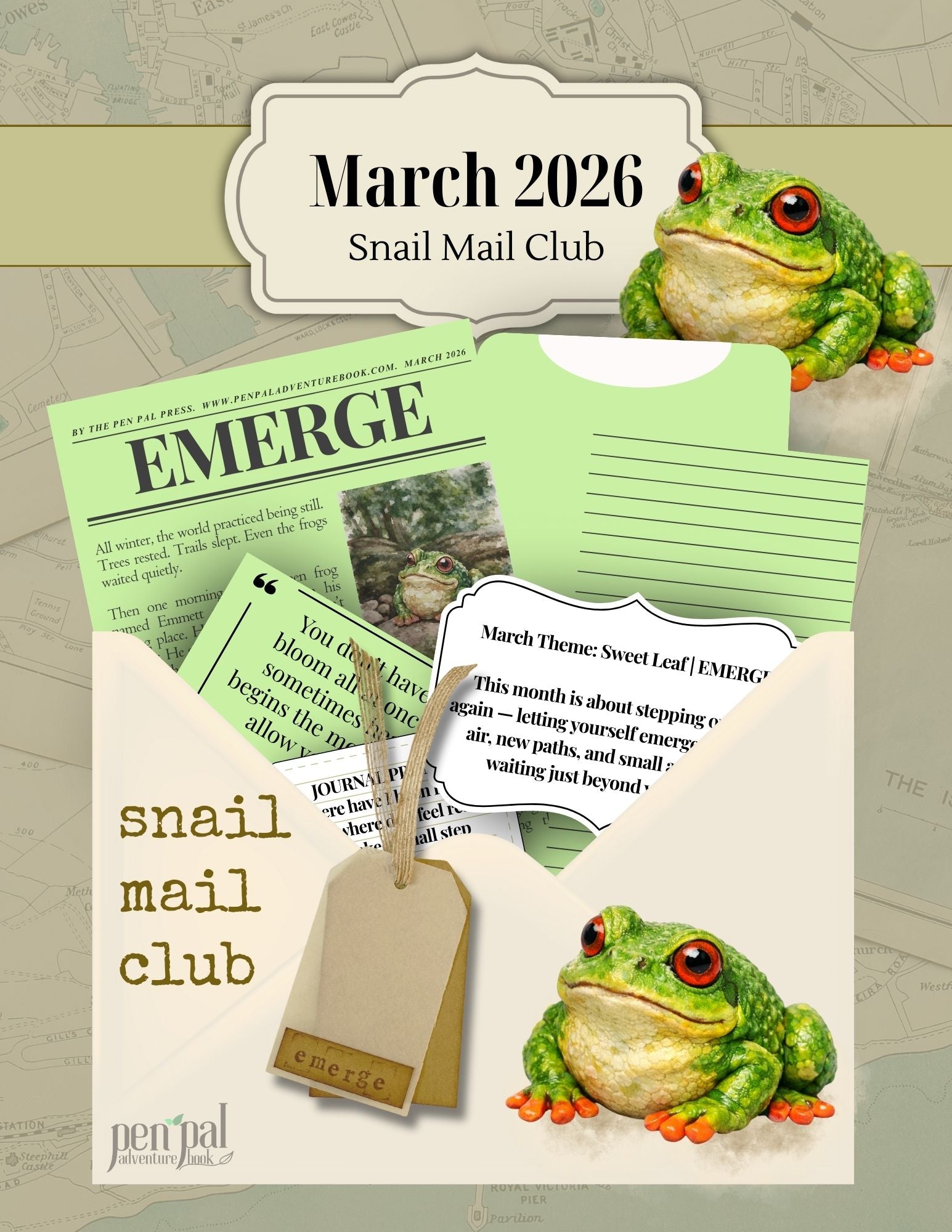 Snail Mail Club promotional material with green frog graphics and March 2026 theme.