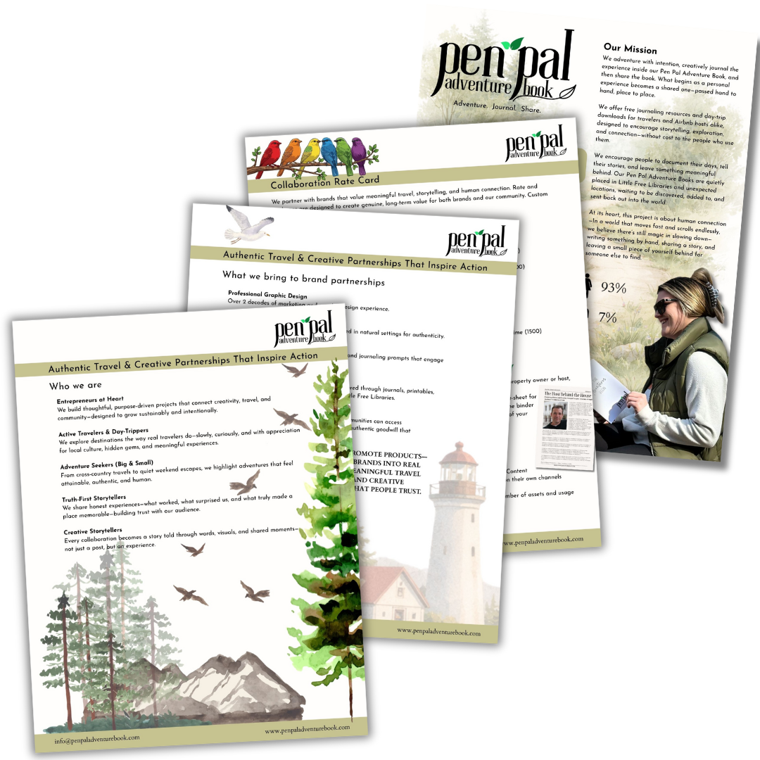 Collection of 'pen'pal Adventure Book' brochures and leaflets on a white background