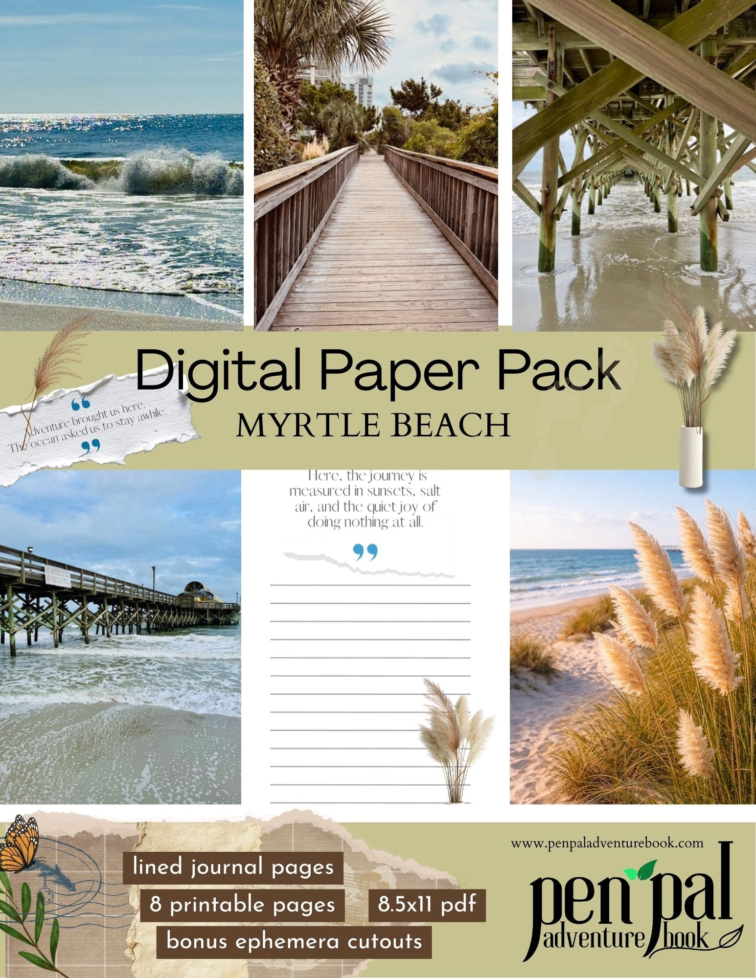 Digital paper pack for Myrtle Beach with scenic images and text.