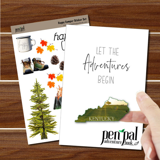 WHOLESALE-Pen Pal Adventure Book with KENTUCKY Sticker and Happy Camper Sticker Sheet -Set of 5