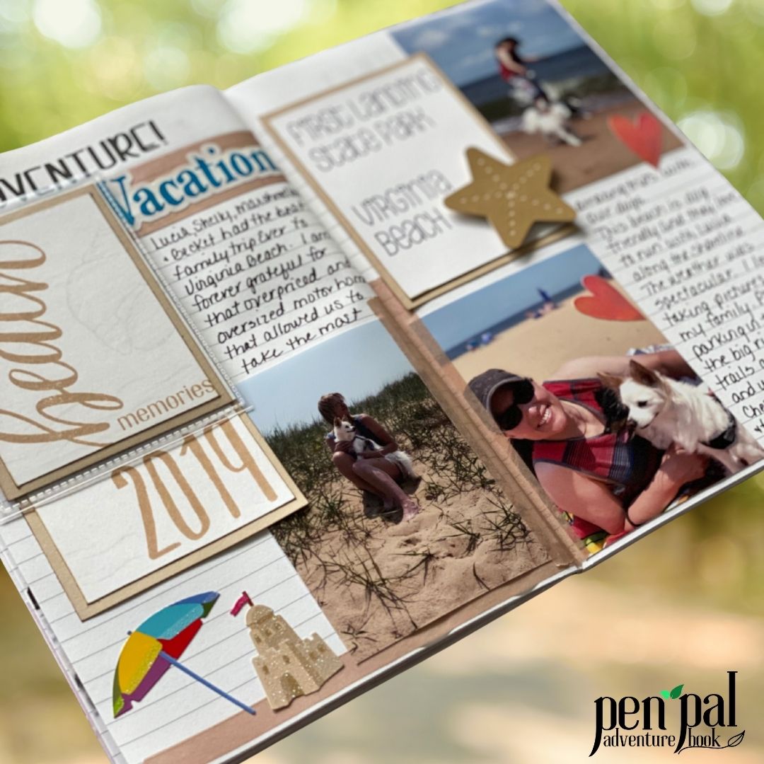 Open scrapbook with beach-themed pages featuring photos and text, with 'pen pal adventure book' branding.
