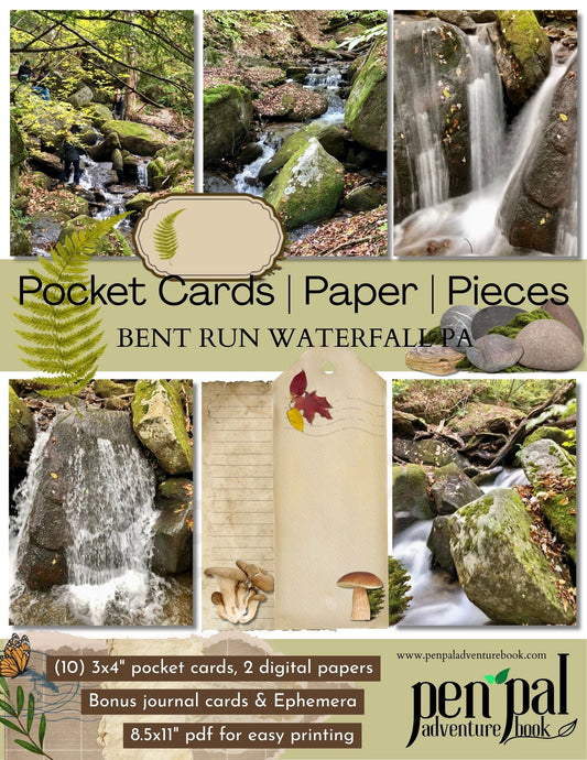 Collage of waterfall images with promotional text for 'Pen Pal Adventure Book' products.