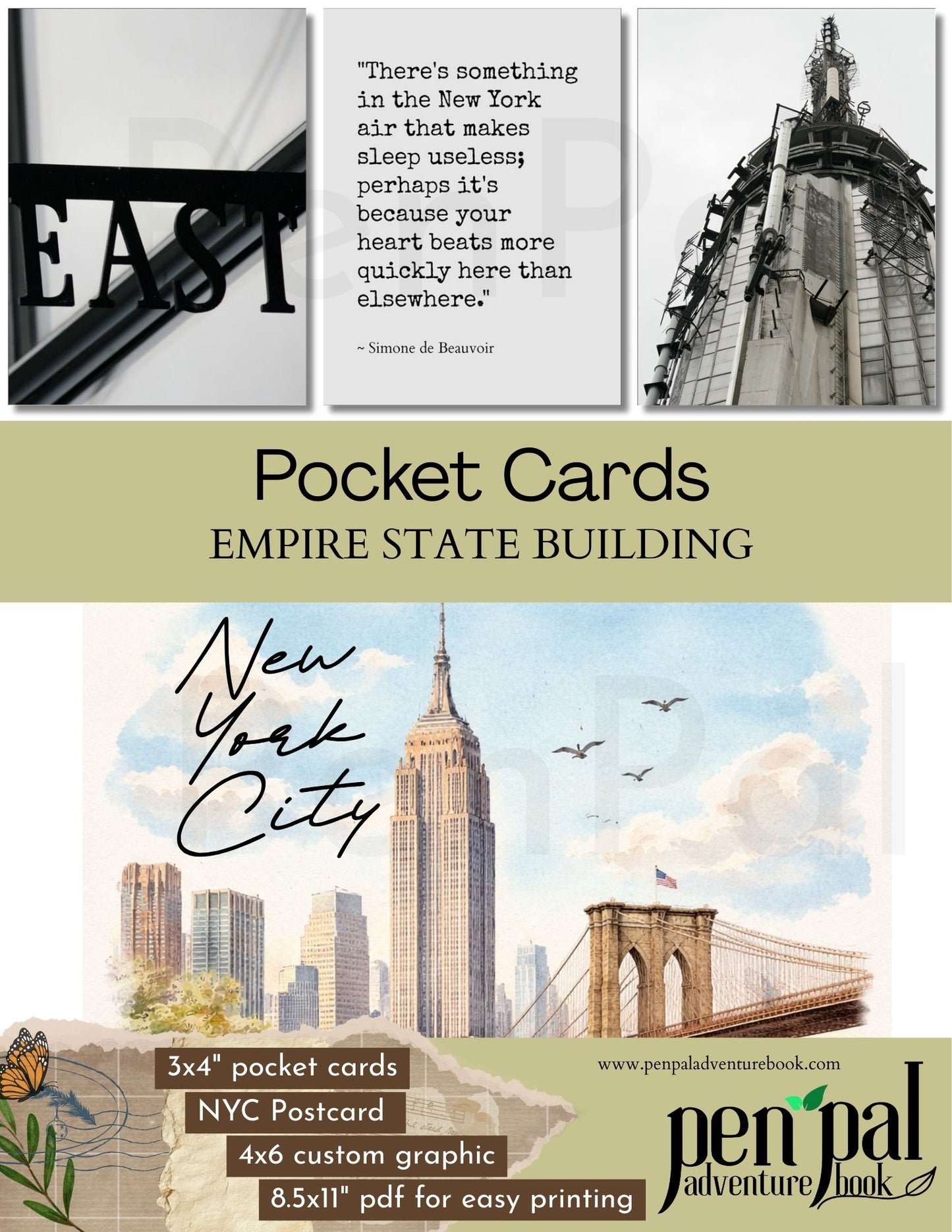 Empire State Building PocketCards and New York City words and sky