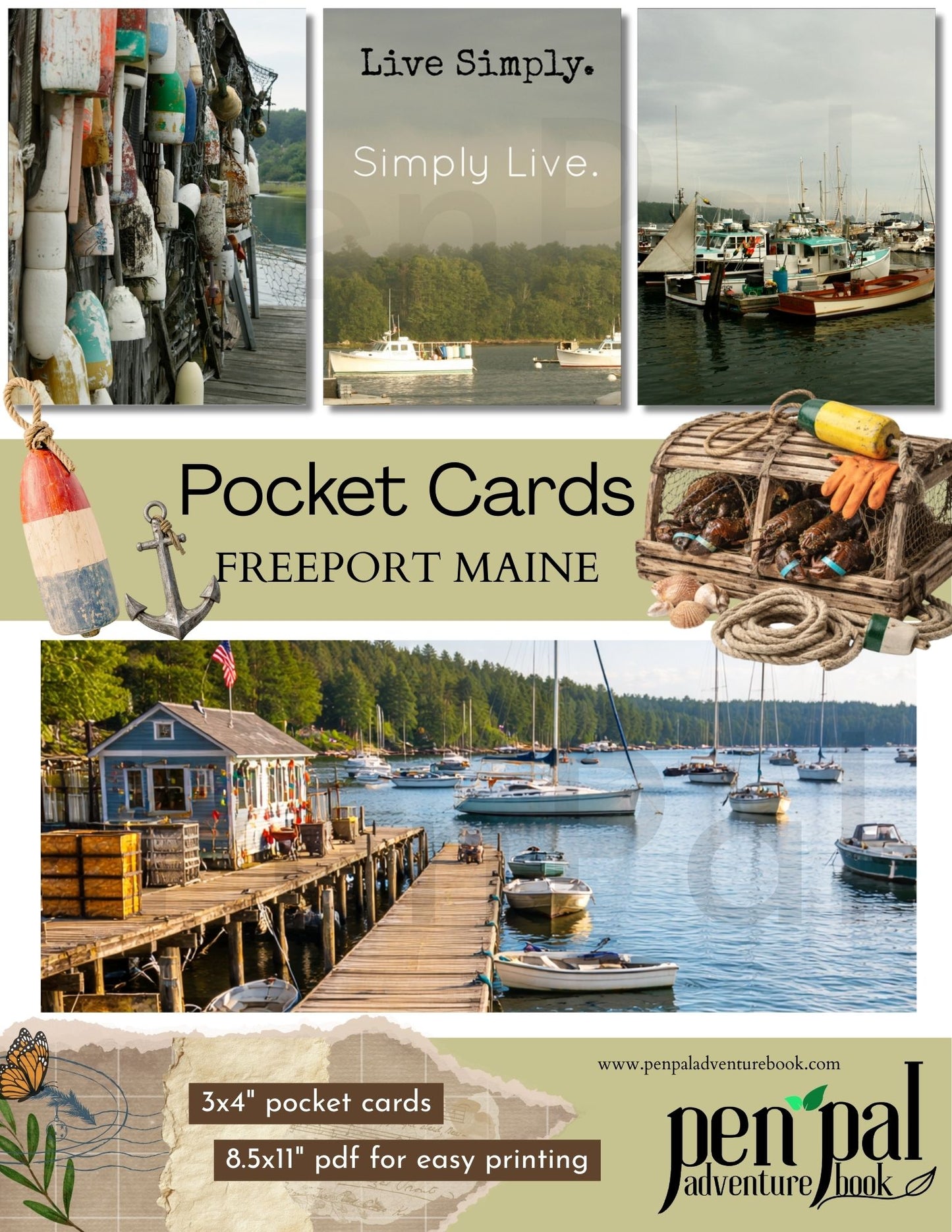 Collage of scenic images from Freeport, Maine, featuring boats, docks, and nature with promotional text for pocket cards.