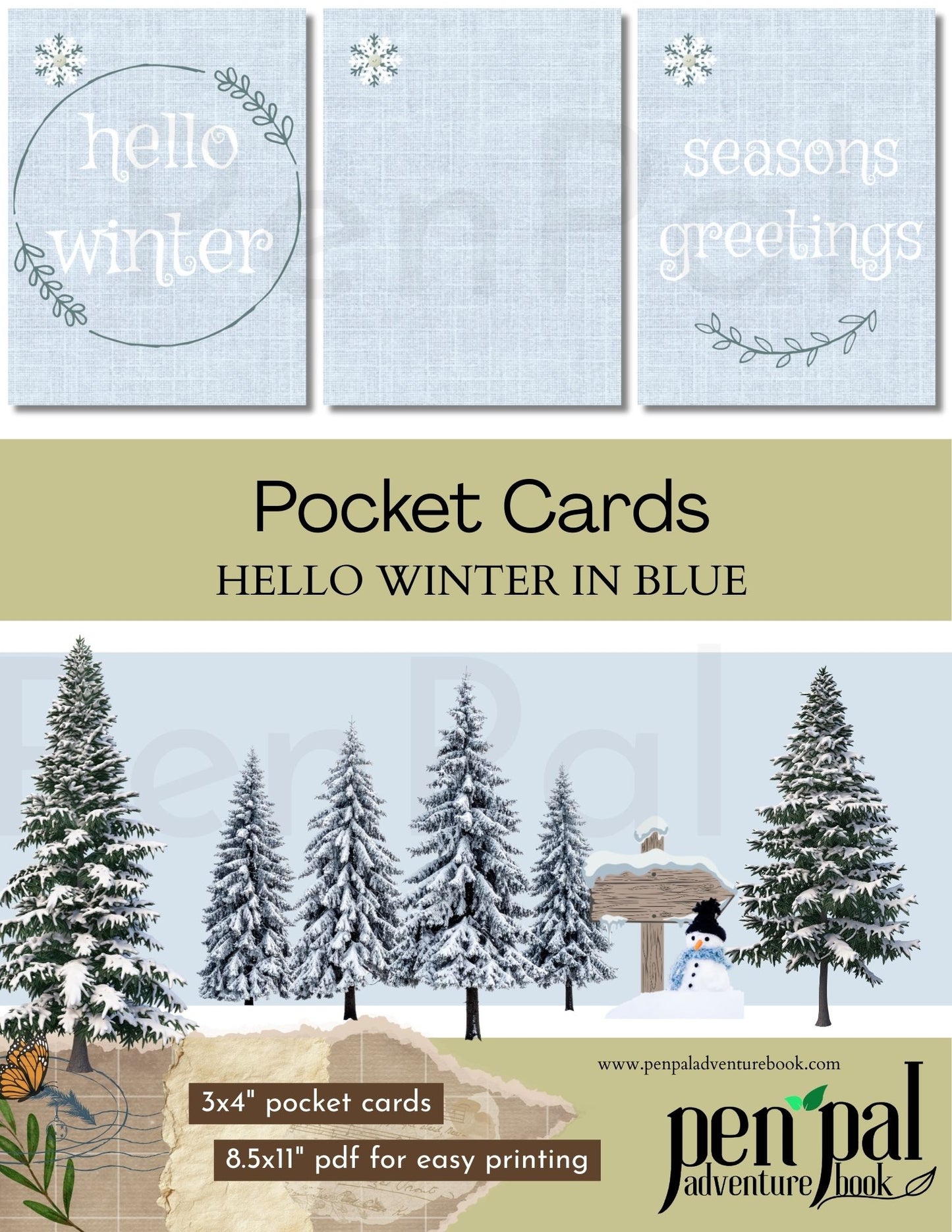 Winter scene in blue with trees and a snowman