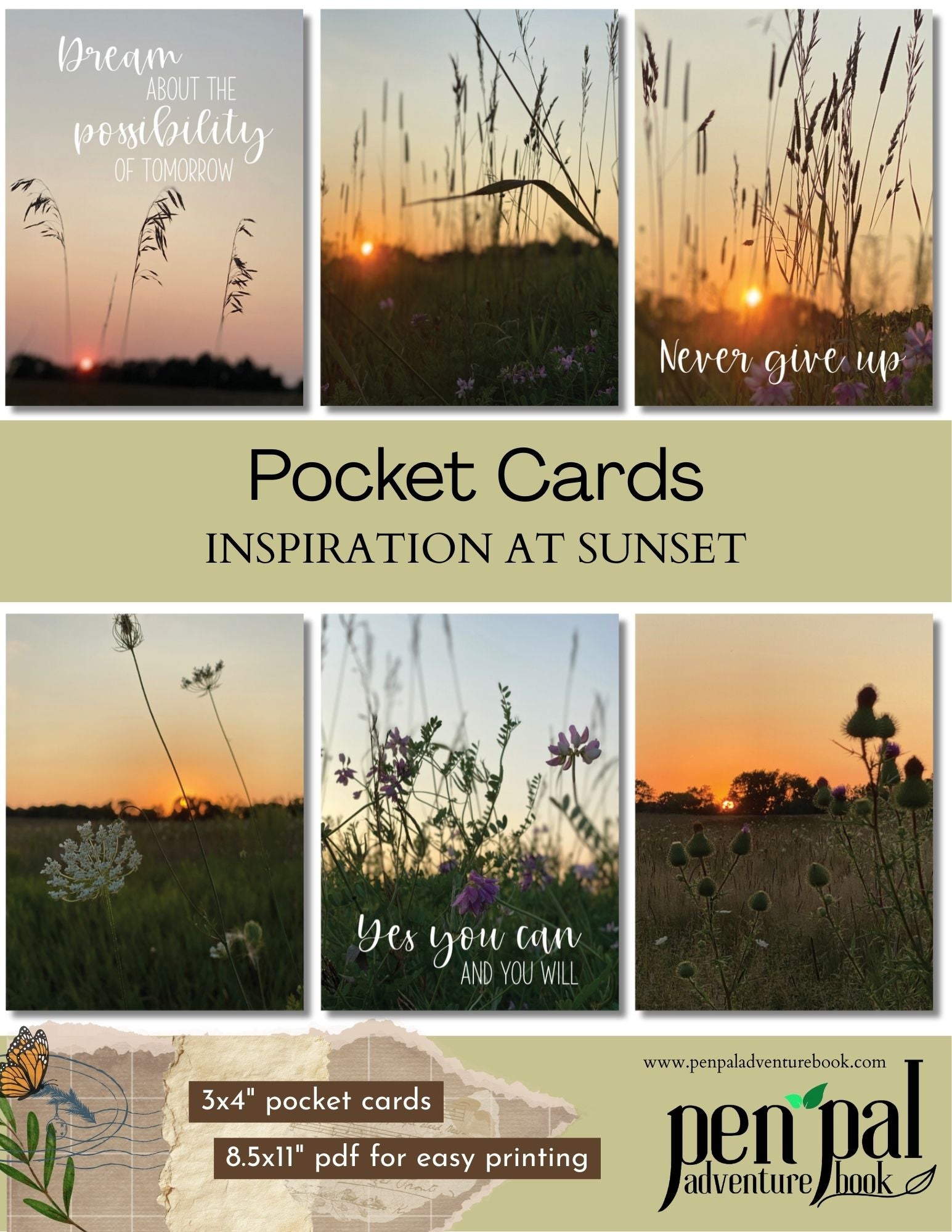 Set of 6 pocket cards featuring sunset and inspiring messages