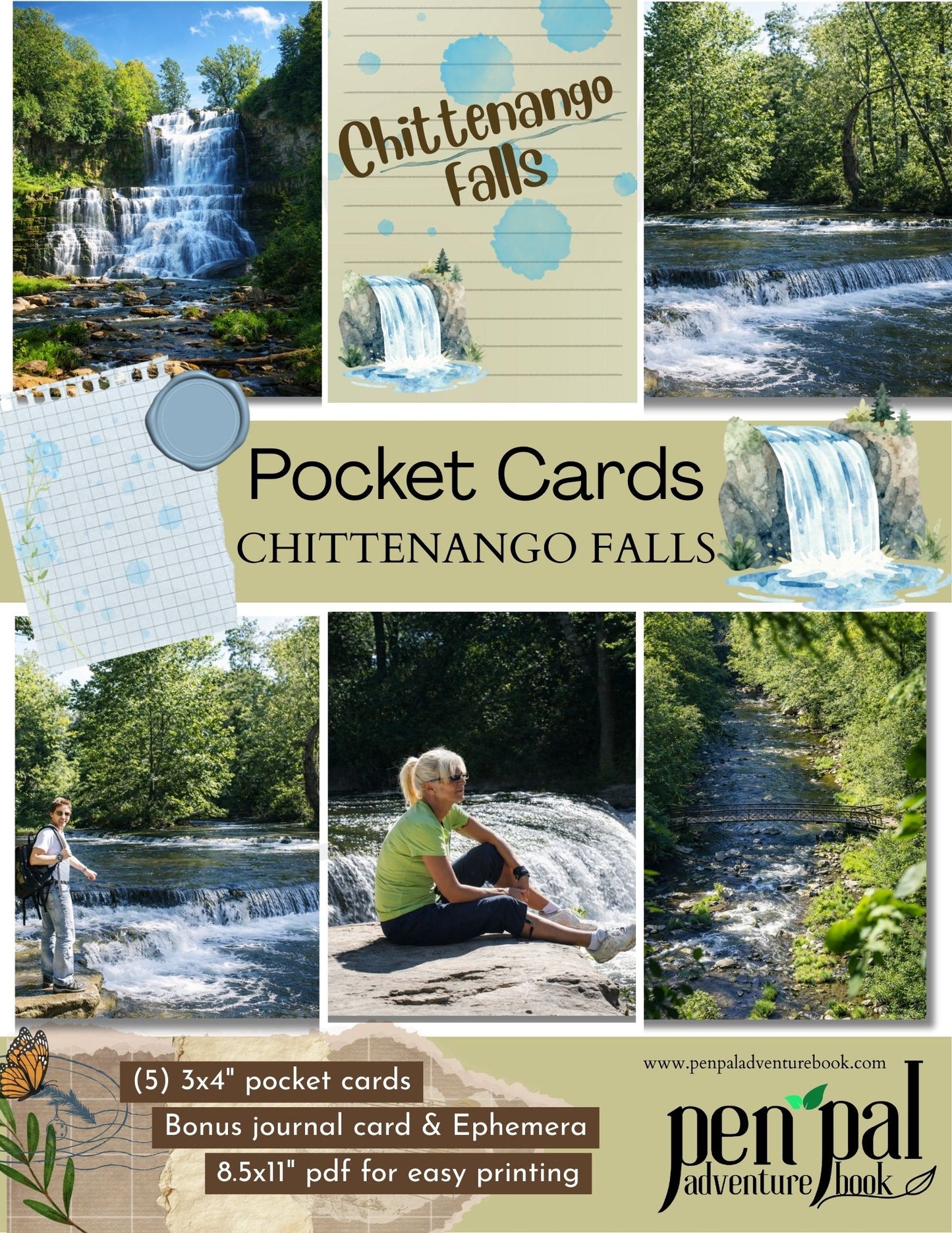 Collage of Chittenango Falls with promotional text for pocket cards and pen pal adventure book.