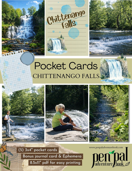 Collage of Chittenango Falls with promotional text for pocket cards and pen pal adventure book.
