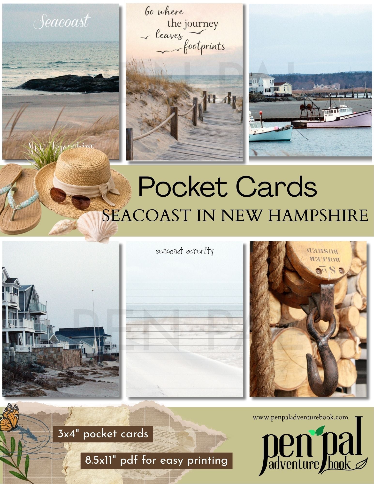 Promotional image for 'Seacoast in New Hampshire' pocket cards with scenic views and product details.