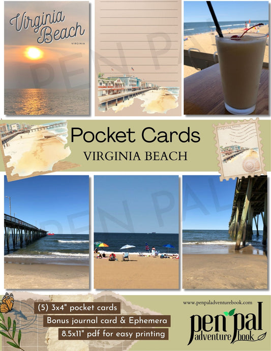 Collage of Virginia Beach-themed pocket cards with scenic images and promotional text.