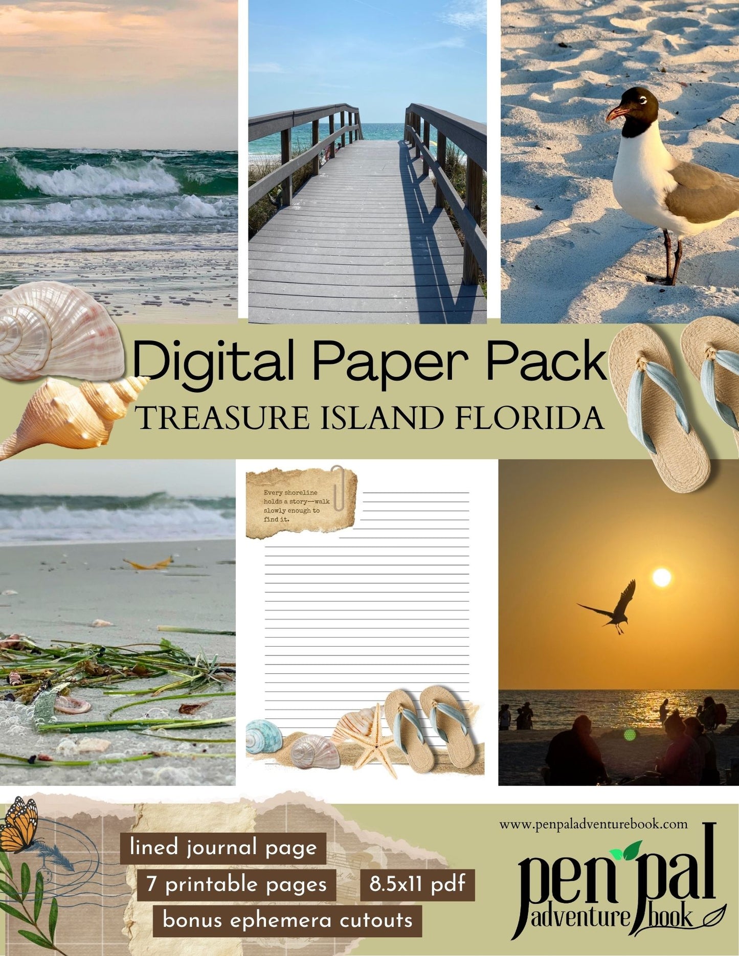 Digital paper pack featuring scenic images of Treasure Island, Florida, with text overlay.