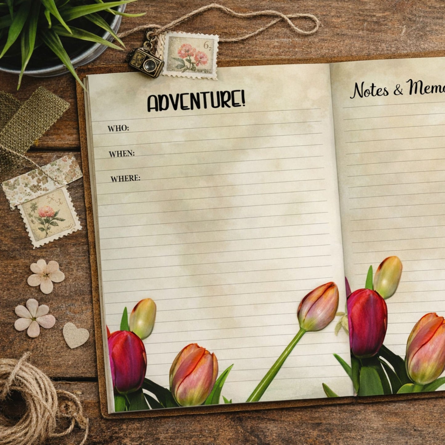 Digital Download-Traveling Tulips Journal Layout-Pen Pal Adventure Book Coordinating Printables