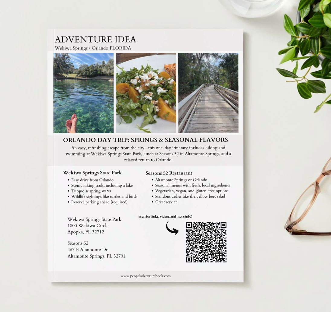 Flyer for an adventure idea in Orlando, Florida with scenic photos and text.
