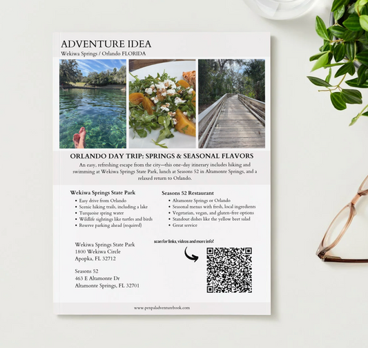 Flyer for an adventure idea in Orlando, Florida with scenic photos and text.